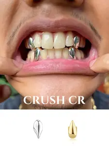 CRUSH CR  14K Gold Plated Copper Fang Water Drop Shape Grillz, Gold/Silver Options, Unisex Hip-Hop Tooth Jewelry For Black Women, Girls & Men, Suitable For Parties, Street Fashion & Daily Wear