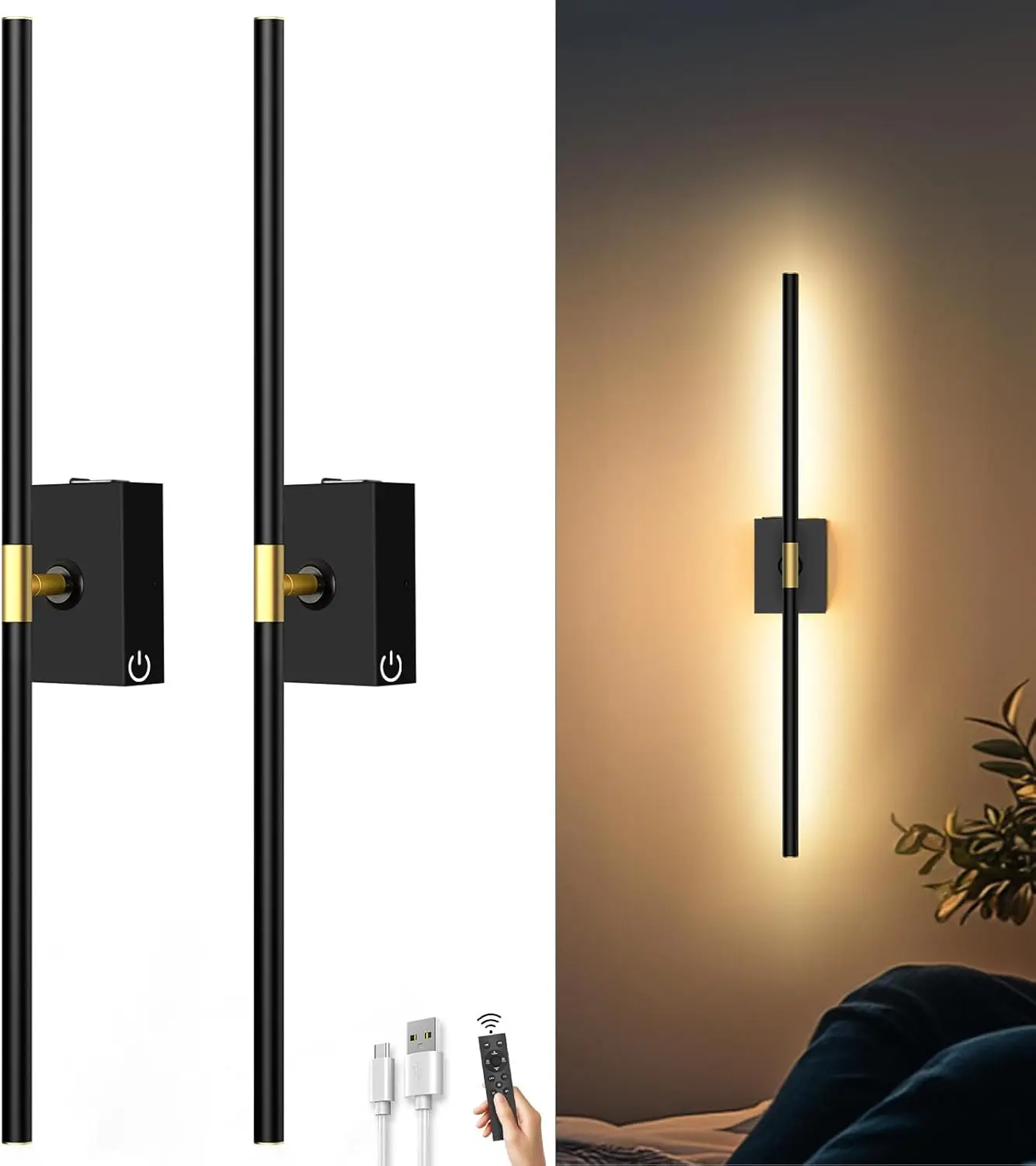 Black Wall Sconces Set of 2, Spring Sales Indoor Lighting with 10000mAh Remote & Timer, 360° Rotatable, 31.5" Adjustable, No Wiring Lights for Bedroom (Ideal for TV Backlight/Mirror)