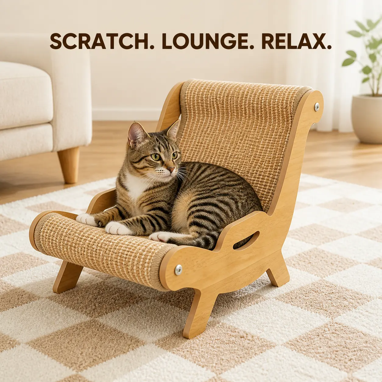 multi-functional natural  Sisal Cat Scratcher Lounge, Curved Cat  and Scratch Pad, Raised Wood-Look Frame, Indoor Resting and Claw Care Furniture for Kittens and Adult Cats, Modern Pet Room Accessory wooden bed scratcher ramp