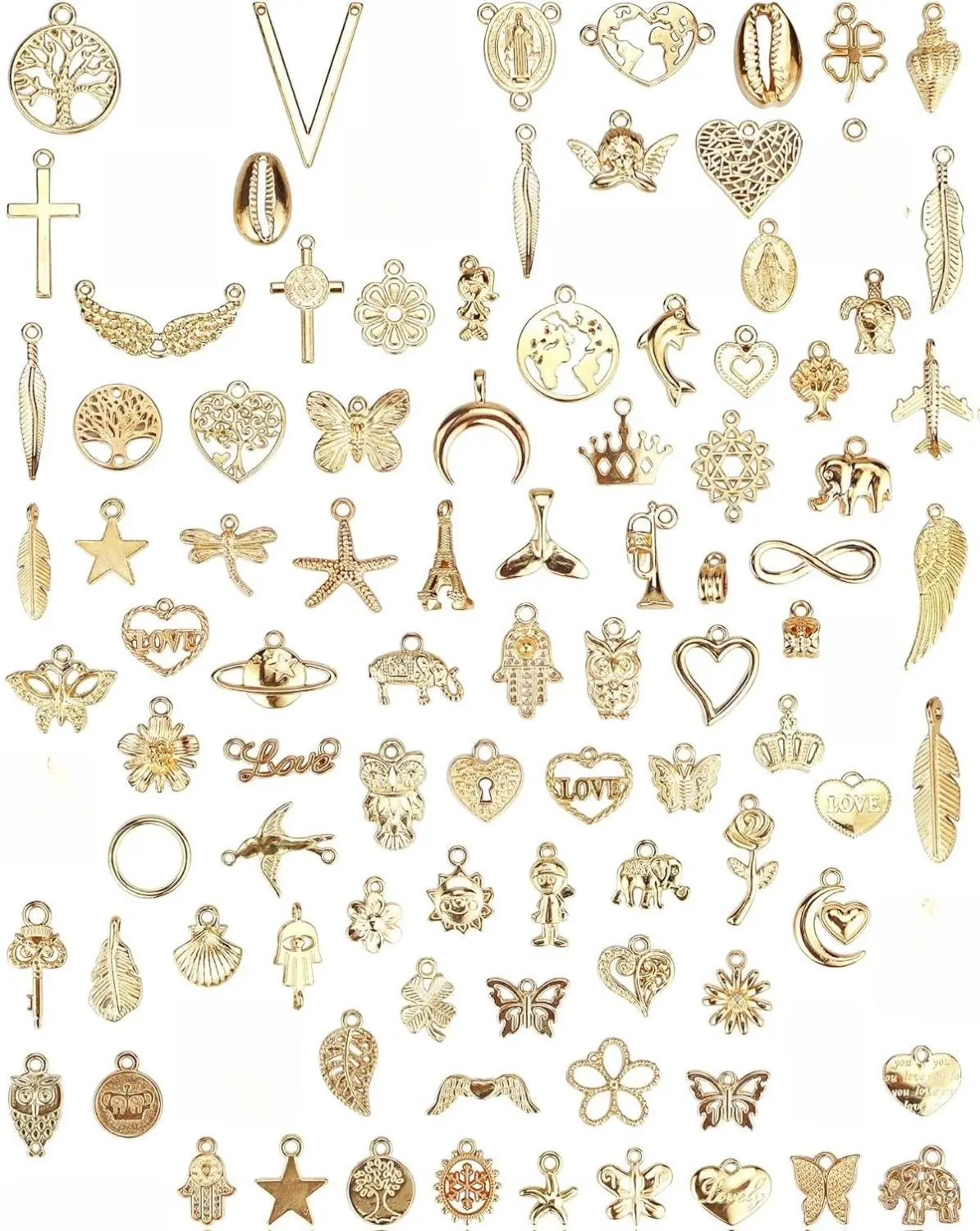 Wholesale Bulk 100 Pcs KC Gold Alloy Assorted Gold Charms - Cute Star & Butterfly Designs, 10-30 Mm Size Range, Fade-Resistant Metal Coating, Long-Lasting for Women's Necklace & Bracelet Holiday Inspirational Craft Supplies