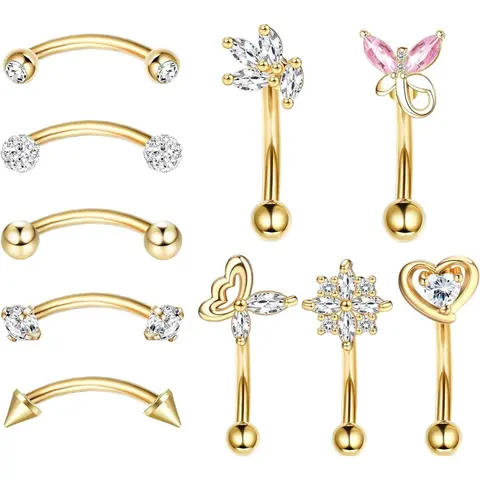 10 Pcs 16G Rook Daith Earrings Stainless Steel Belly Button Piercing Lip Ring Helix Cartilage Piercing Cartilage for Women CZ Body Piercing Curved Barbell Eyebrow Rings 8mm Piercing Jewelry Set Navel Ring Pierce