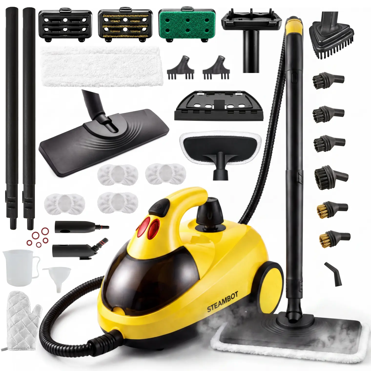STEAMBOT Steam Cleaner with BBQ Brush Set, High Pressure Steam,2L Large Water Tank,33 Accessories, Heavy Duty Steamer, Chemical Free, Deep Cleaning for House, Grout, Kitchen, Bathroom, Car Detailing, Grime & Grease, Multi Purpose Cleaning Steamer