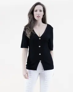 Neutral V-Neck Short Sleeve Faux Button Front Thin Ribbed Knit Blouse Shirts Top Womenswear Basic