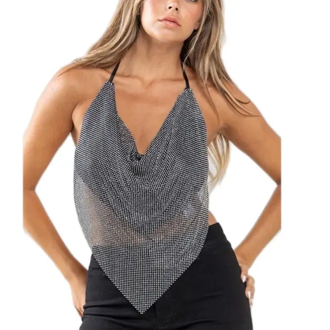 Ava Top -FINAL SALE MEET YOUR MATCH RHINESTONE TIE BACK  Fabric Contents:  SELF: 100% ALUMINIUM, CONTRAST: 100% POLYESTER