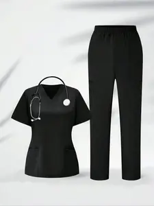 Women's Solid Color Fitted Cropped Top & Pants Scrubs Set, Short Sleeve V-Neck Top & Pants, Nurse Uniforms for Women, Medical Scrub Sets