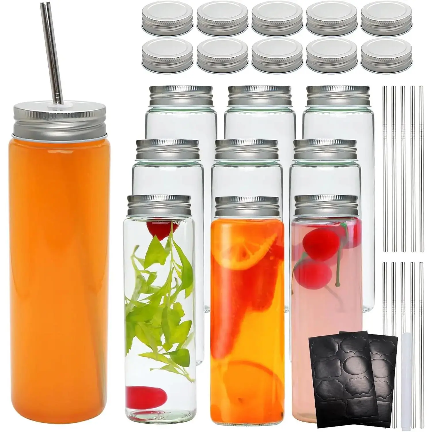 14 OZ Glass Juicing Bottles with Airtight Lids, Reusable Drinking Jars with Straw & Lids with Hole, Glass Water Bottles for Juice, Beverage, Smoothie, Tea, Kombucha, Homemade Drinks (10 Pack)