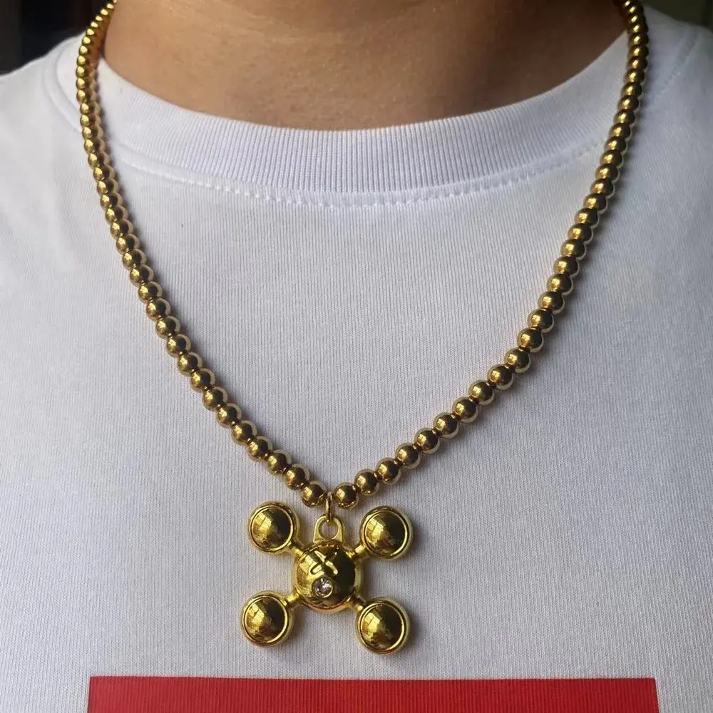 Stainless Steel Round Bead Geometric Pendant Hip Hop Necklace Men's and Women's Personality Jewelry Fashion Hoodie Accessories