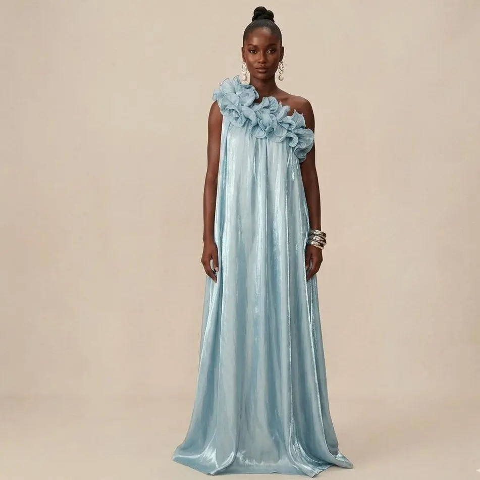 Women's Light Blue Formal Maxi Gown - Soft Metallic Satin Fabric, 1-Shoulder Sleeveless, Ruffled Pleated, Floor-Length, Elegant Style Lady Formal Wear for Wedding Guest, Womenswear Events