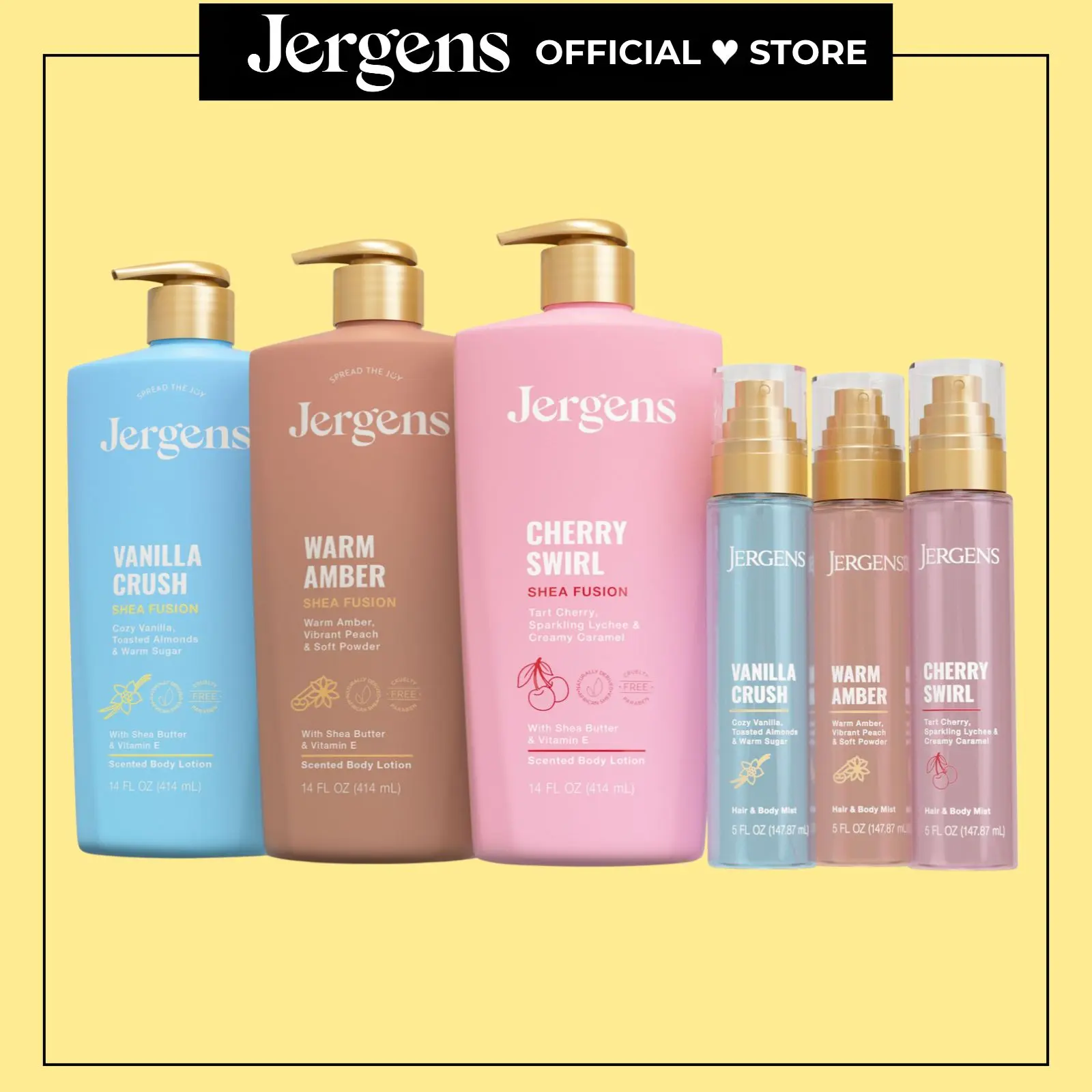 Jergens Shea Fusion Body Lotion & Hair + Body Mist Bundles, Moisturizing Body Lotion and Fragrance Mist Duo, Vanilla Crush, Warm Amber, or Cherry Swirl