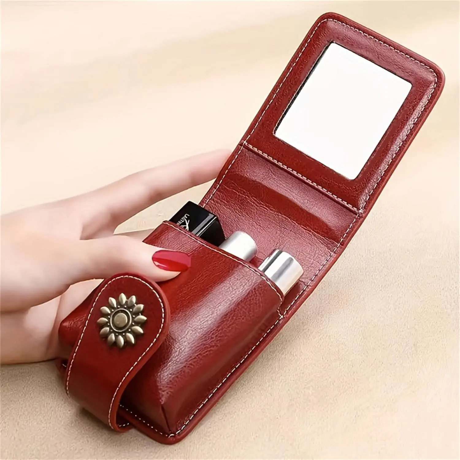 Mini Cosmetic Case with Mirror, 1 Count Elegant Faux Leather Lipstick Bag, Portable Makeup Pouch with Snap Closure, Travel Accessories, Cosmetic Travel Bags, Handheld Cosmetic Pouch, Travel Essentials