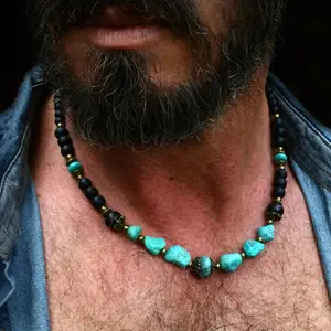 New Men's Turquoise Necklace Handmade Punk Stone O-Chain Geometric Design 41-50cm Trendy Personalized navajo  style  sterling  pearls black  marble  silver louisiana  jewelry