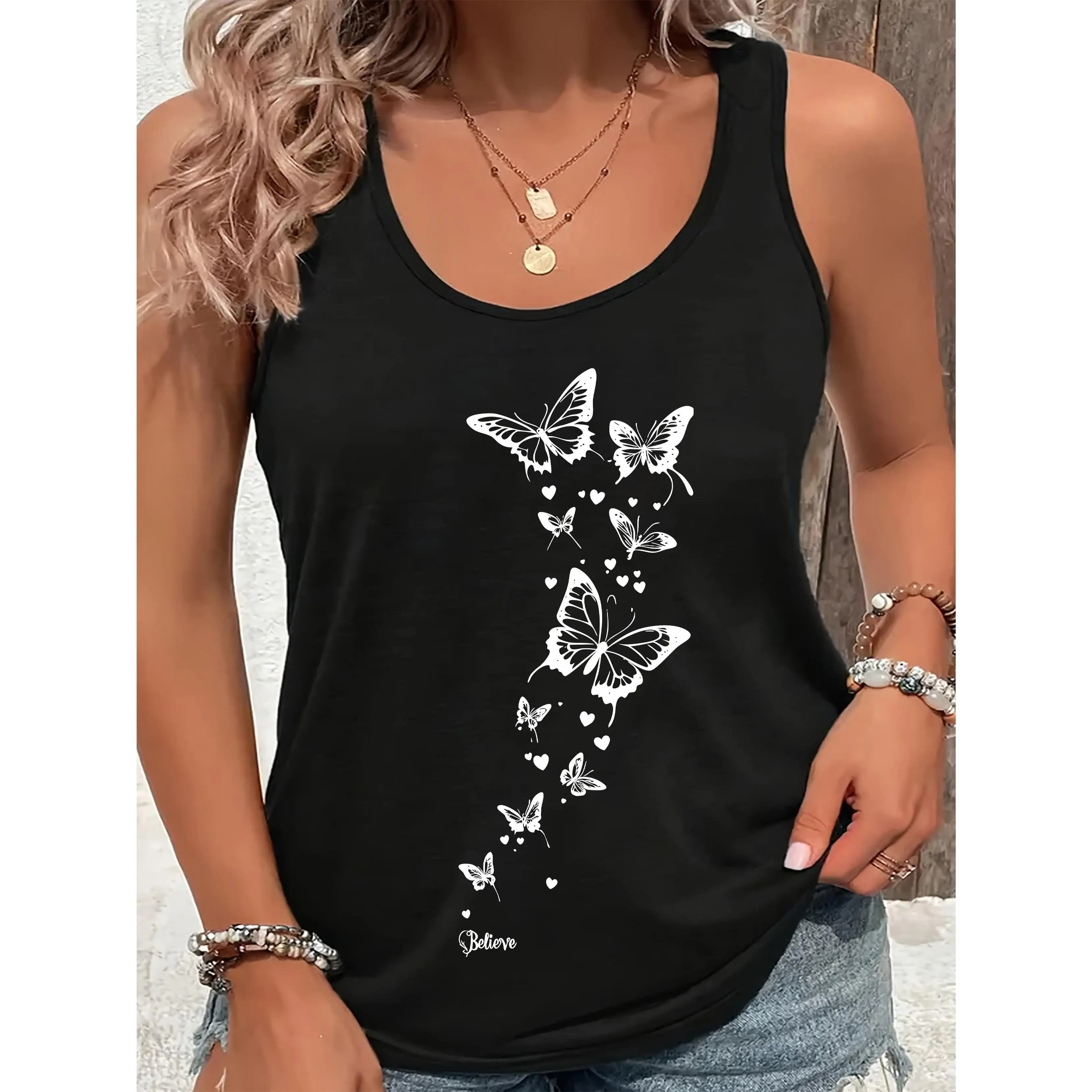 "Believe" Butterfly Graphic Racerback Tank Top,Women's Fashion Tank Top, Printed Round Neck Tank Top, Women's Cool Spring/Summer Tank Top