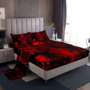 Feelyou Gothic Skull Complete Bed Set - Red Black Skeleton Bedding, Psychedelic Goth Trippy Smoke Halloween Fitted Sheet, Horror Flat Sheet, Pillow Cases, Queen Size Option