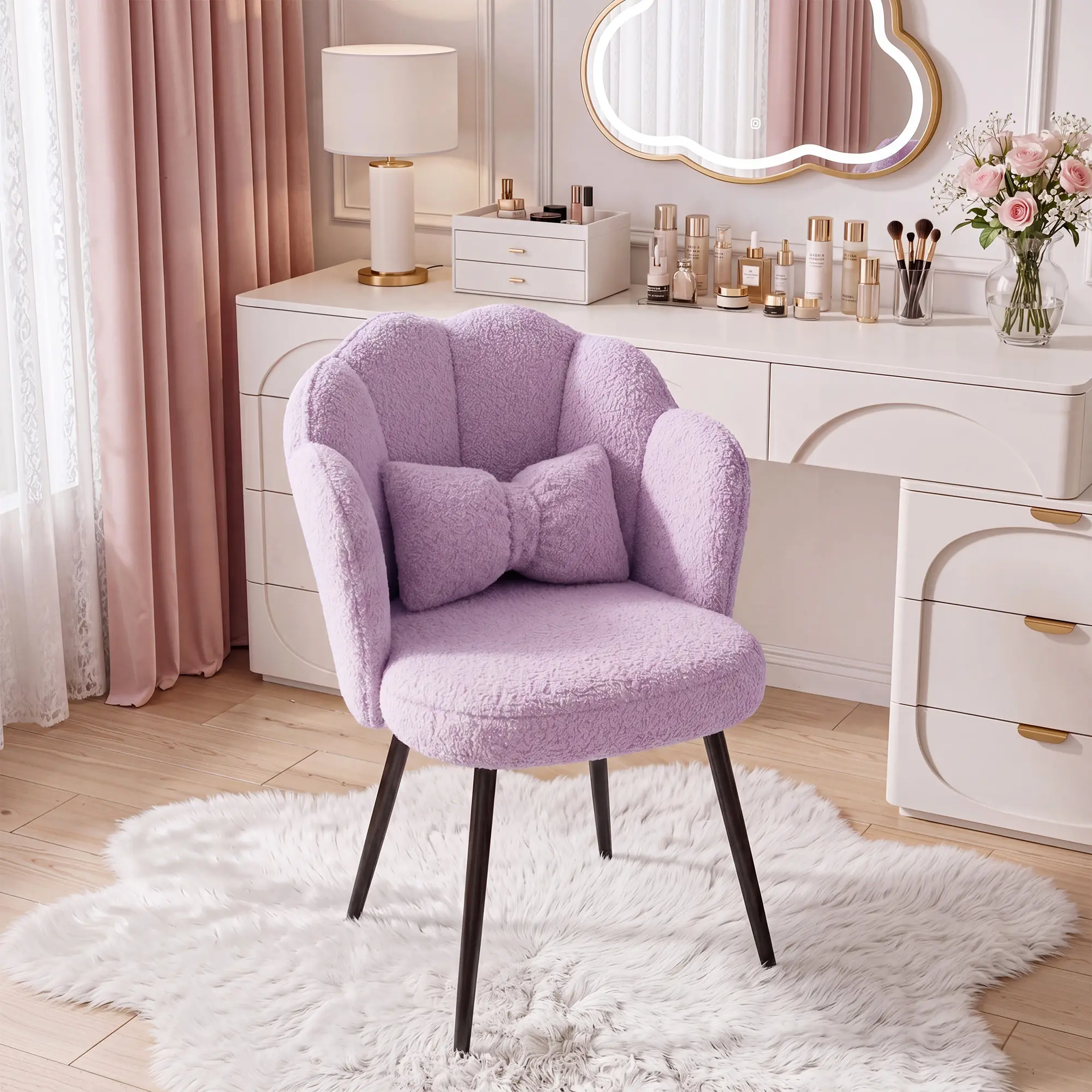 Raybee Girls Vanity Chair with Back & Pillow,Cute Small Cozy Desk Chair No Wheels,Comfy Makeup Chair with Ajustable Black Legs, Accent Chairs for Bedroom,Living Room,Small Space