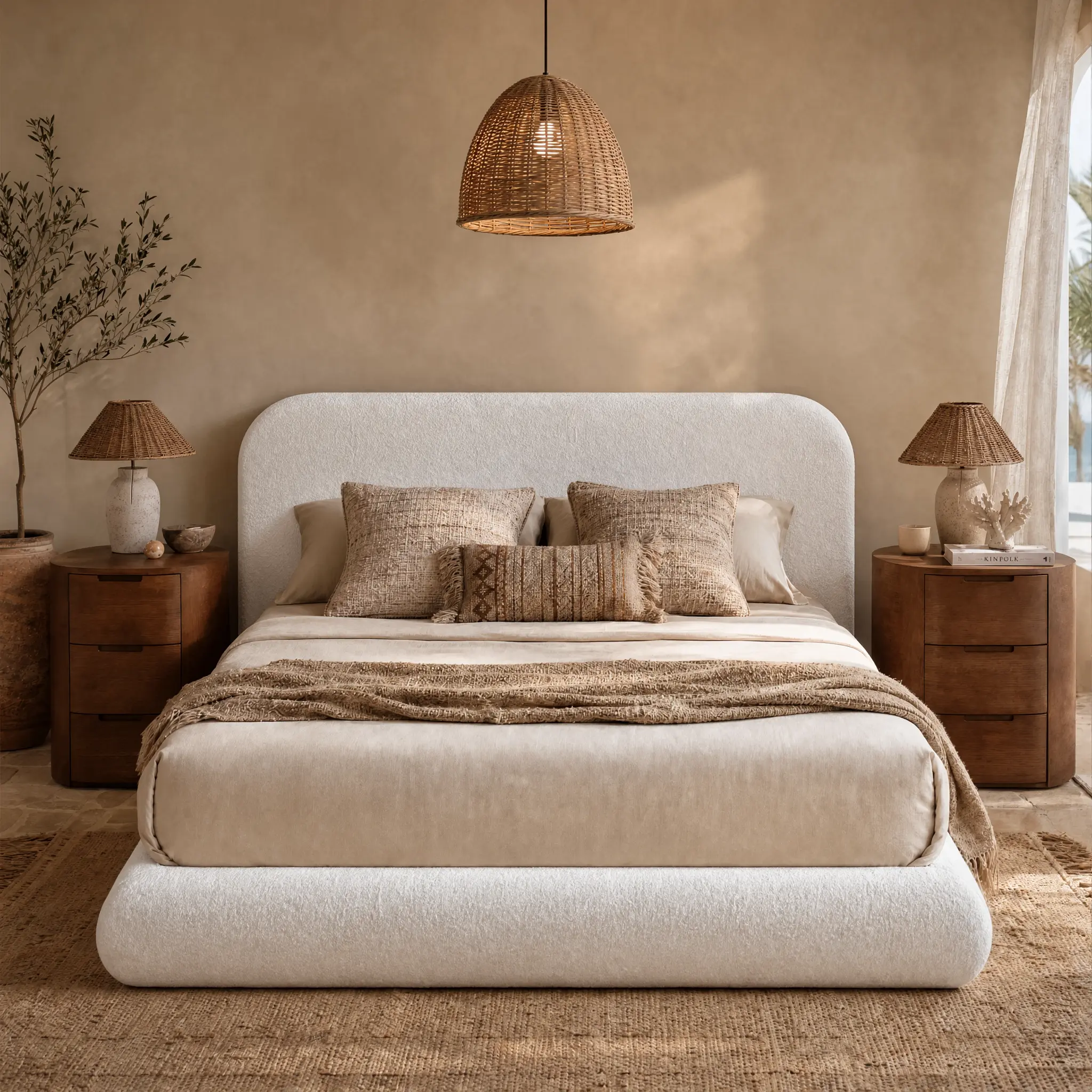 RECCI Airframe Queen Bed Frame - Cloud Upholstered Bedroom Furniture with Rounded Headboard, Fully Cushioned Arched Panels, Modern Low Profile Platform, Soft-Edge Design, Sturdy Support, Easy Assembly Required, No Box Spring Needed