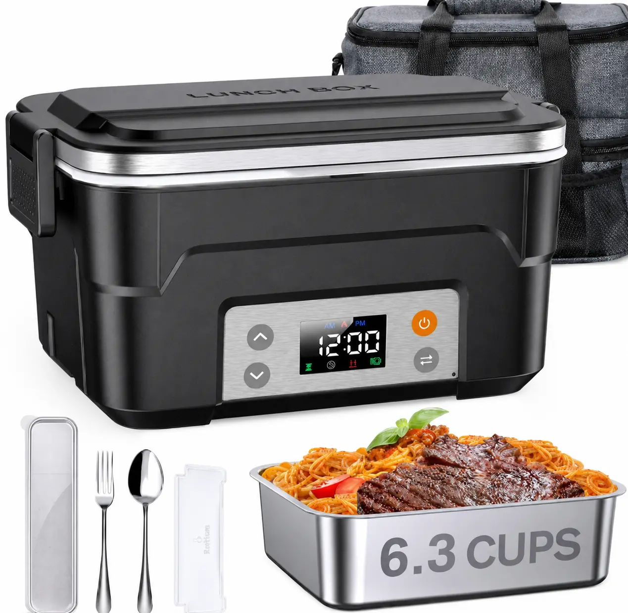 Docusvect 6.3-Cup Heated Lunch Box Cordless for Men with Scheduled Heating | 27,000mAh Cordless Electric Lunch Box, 2H Heat+1H Keep-Warm, Mealtime Setting, Daily Memory, 220°F Max, Leak-Proof, Full Kit