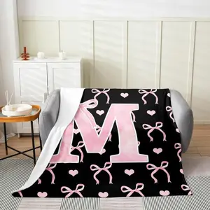 Initial Letter A-Z Flannel Blanket Throw  Black Pink Alphabet Flannel Blanket, Monogrammed Gifts for Daughter Women Teen Girls,Blanket for Bedding Bedroom Office,multiple Size  Lightweight, soft, and comfortable – the perfect gift.