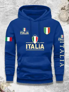 Men's Italian Flag Hooded Sweatshirt, Casual Fitted Pullover, Fashionable Random Print, Fall & Winter Wear, Trendy Brand Hoodie