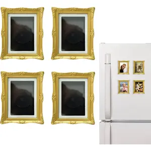 4 Pack Magnetic Picture Frames for Refrigerator - 3"x2" Vintage Mini Gold Photo Frames, Antique Ornate DIY Kitchen Home Office Decorative Gift (Classic Gold)