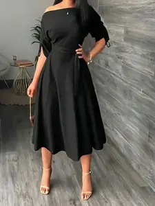 Elegant Dress with Asymmetrical Neckline, Adjustable Cuff Drawstring, Solid, Chic, Minimalist, Basic, Suitable for Daily Commute, Parties, Weddings, Casual Women's Wear, Womenswear, Regular Fit