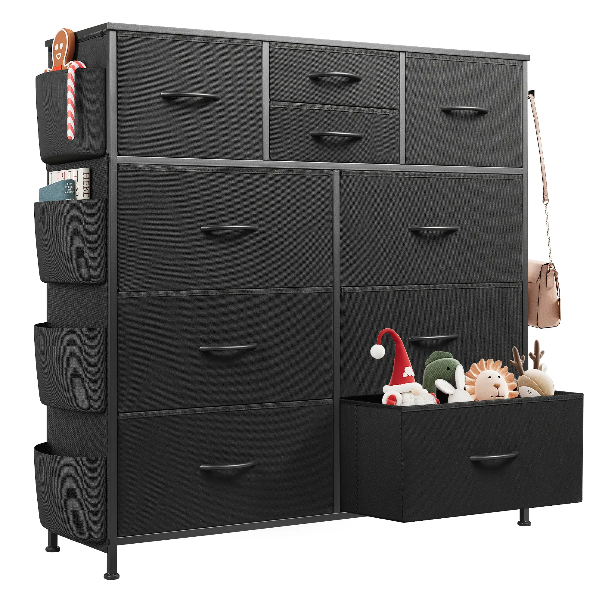 WLIVE 10-Drawer Fabric Dresser | Black Storage Tower / Side Pockets & 70lbs Wood Top, Metal Frame Chest, Bedroom/Hallway Organizer