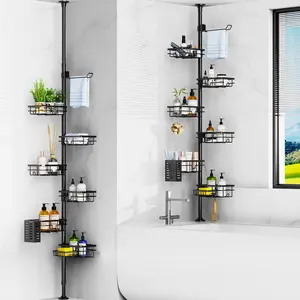 Corner Shower  Tension Pole - Adjustable 30 to 120 Inch Shower Organizer with 6 Shelves, Towel Rack,  Holder, Soap Dish, Bathroom Corner Storage for Shower, Bathtub