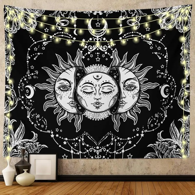 Bedroom ceiling, sun and moon tapestry, black and white tapestry wall hanging decoration, mysterious burning sun and stars