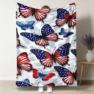 American Flag Butterfly Throw Blanket, Red White Blue Star Flannel Blanket, Soft Cozy Patriotic Wings Design, 4th of July, Memorial Day Gift for Her, Independence Day Bedroom Living Room Couch Decor, Summer Room Accent