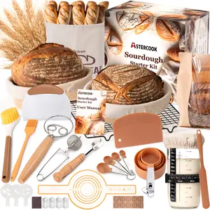 Astercook Sourdough Starter Kit with Round & Oval Banneton Bread Proofing Basket Bread Sling Starter Jar Dough Whisk Scrapers Stencils Cooling Rack & Bag Complete Baking Supplies Utensils Kitchen Bakeware
