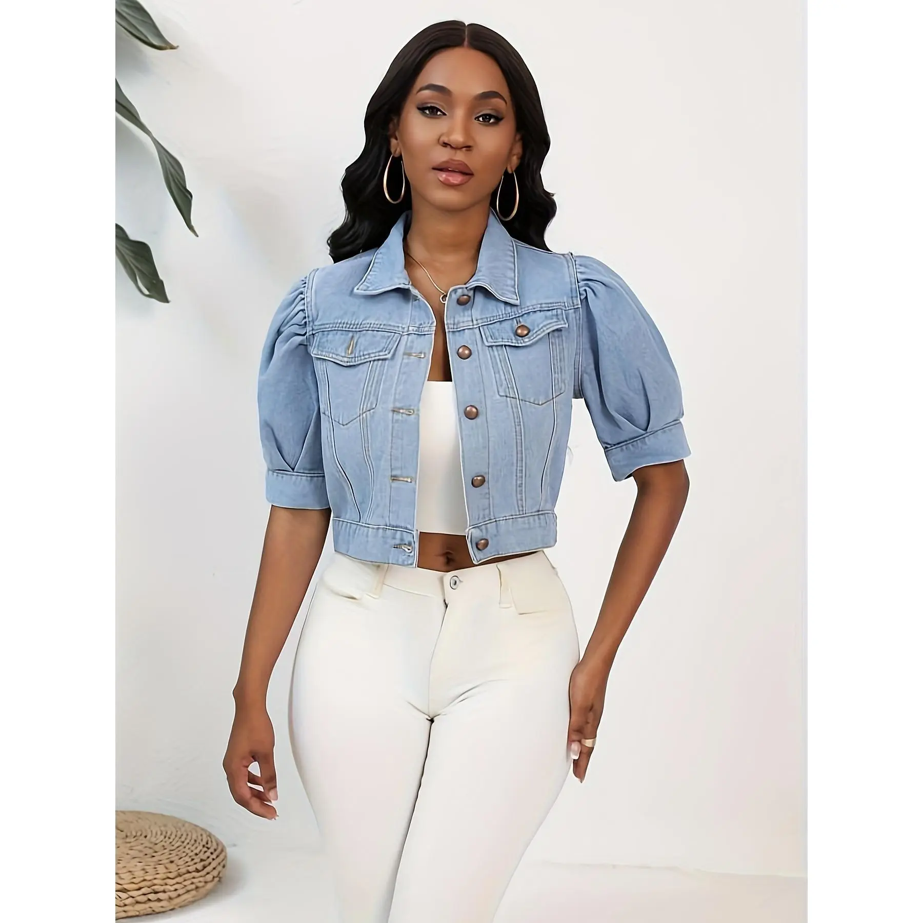 Puff Sleeve Cropped Denim Jacket | Short Sleeve Button-Up Jean Jacket | Casual Summer Denim Outerwear for Women 2026