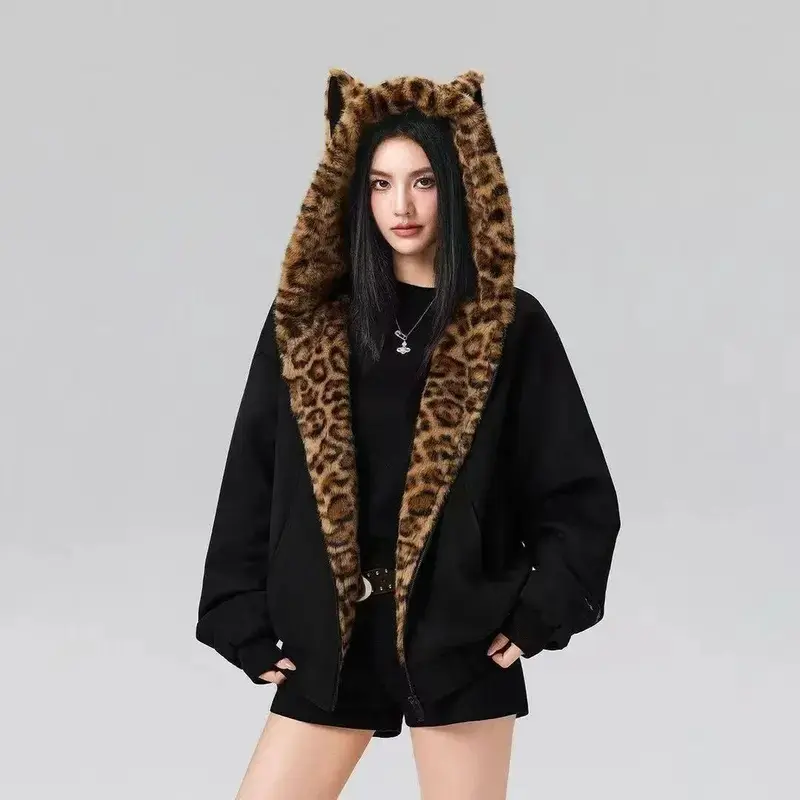 Women's Petite Fashionable Leopard-Print Padded Jacket with Cat-Ear Hood – Casual, Loose-Fit, Versatile, Thick & Warm (Autumn/Winter)