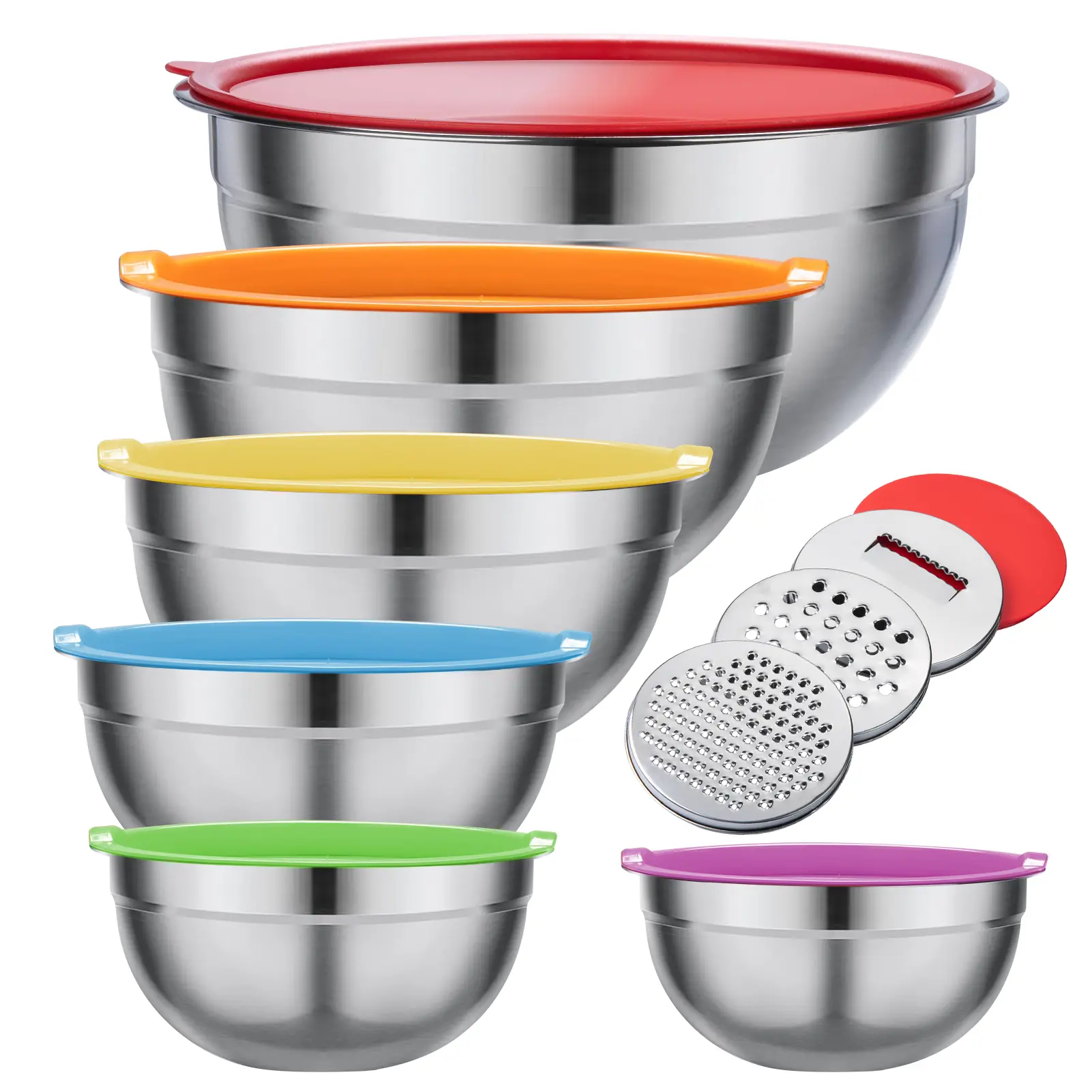 Stainless Steel Mixing Bowls Set 6 Colored Sealing Lids with 3 Grater Attachments, Nested Metal Bowls for Baking/Cooking Tableware Kitchenware Salad Mixing Bowl Food Prep Bowls