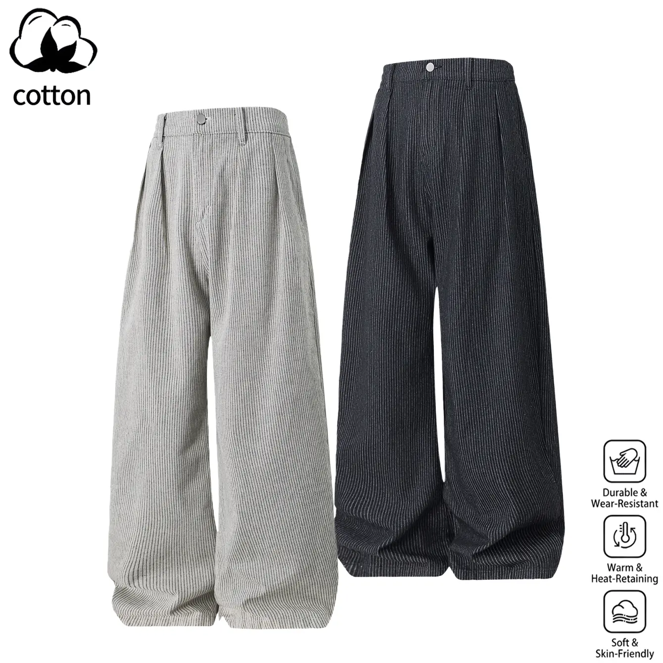 Men's Pinstripe Wide-Leg Denim Jeans - Loose-Fit Baggy Cotton Blend Trousers with Pleated Elastic Waist for Casual Streetwear, Multi-Size, Full-Length, Stylish Menswear Pants
