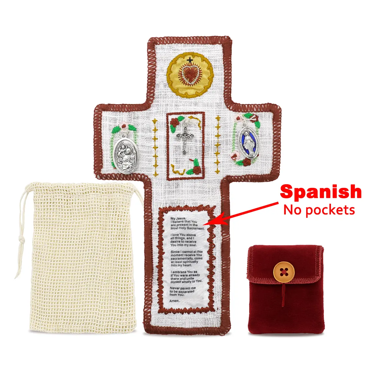 Handmade Catholic Prayer Pocket Set - Compact Fold Sacred Heart, Virgin Mary Crucifix, Spanish Text Bible Card, Linen Drawstring Bag, Decor | Back to School Daily Prayers Religious Gift | Spiritual Travel Comfort Sacred Symbols