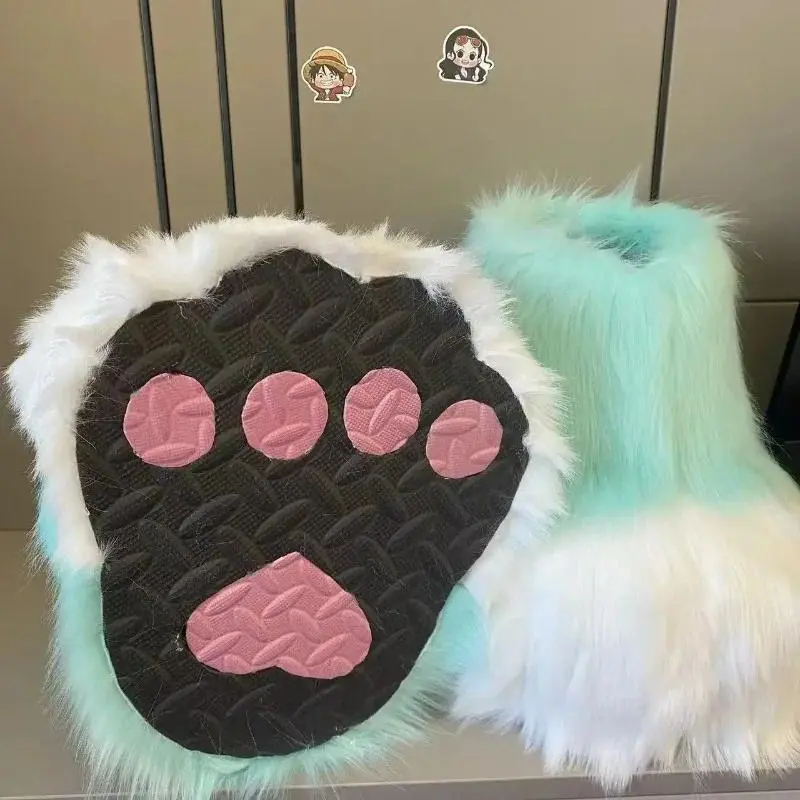 Soft Fluffy Polyester Fur Fursuit Paw Boots, Animal Shoes with Paw Pattern, Cosplay Party & Halloween Ready Fashion Accessory
