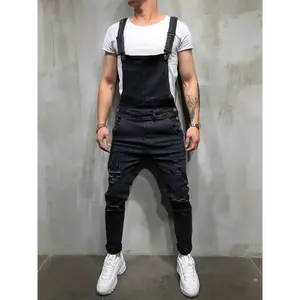 Men's Slim Fit Stretch Denim Overalls With Pockets - Casual Jean Jumpsuit For All Seasons, Dark Blue Distressed Design, Adjustable Straps & Comfortable Fit, Fashion Jumpsuit | Modern Overalls | Durable Fabric