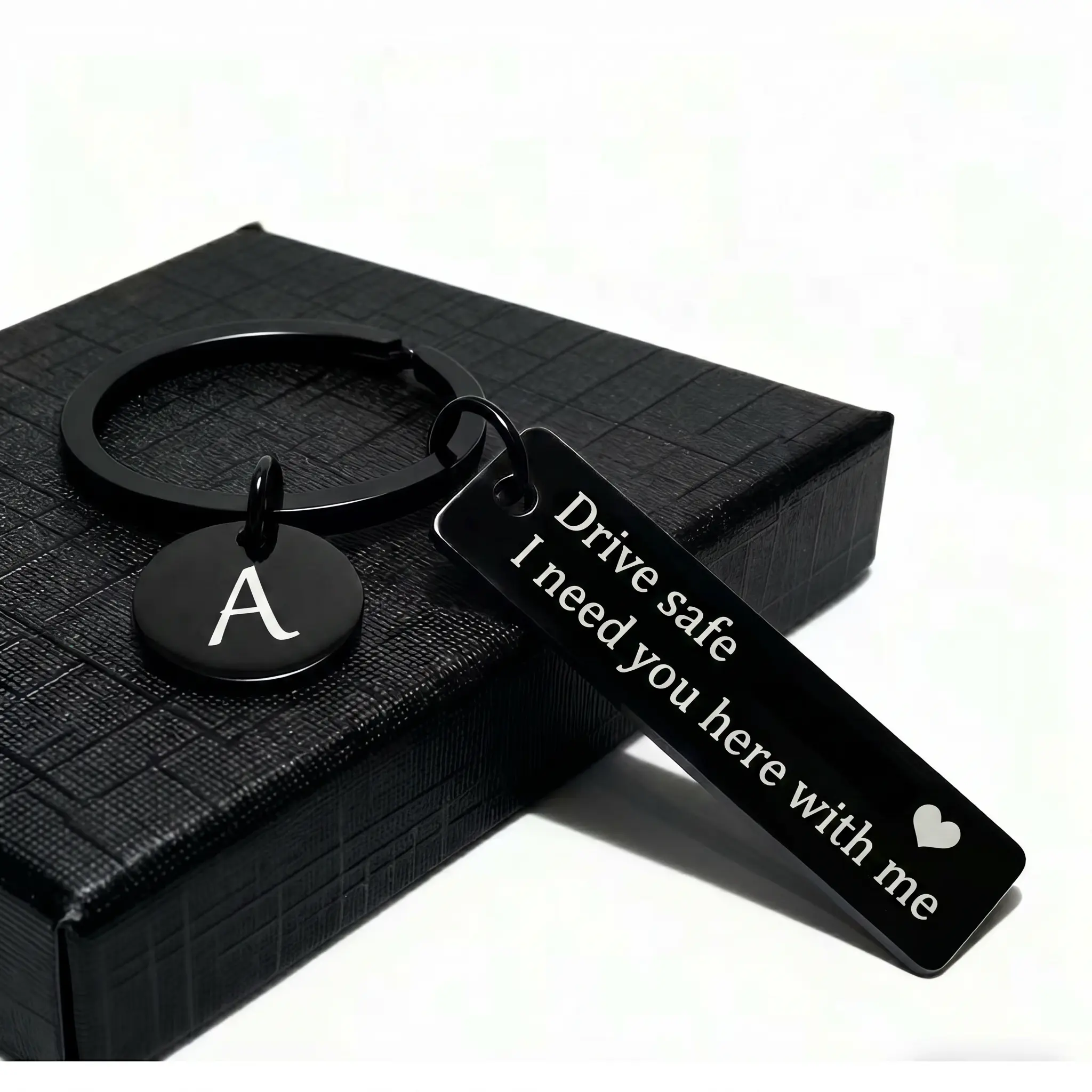 HOLDNEAR Personalized Rectangular Stainless Steel Keychain with Initial & 'Drive Safe' Engraving - Sentimental Birthday Gift for Boyfriend, Automobile Accessory
