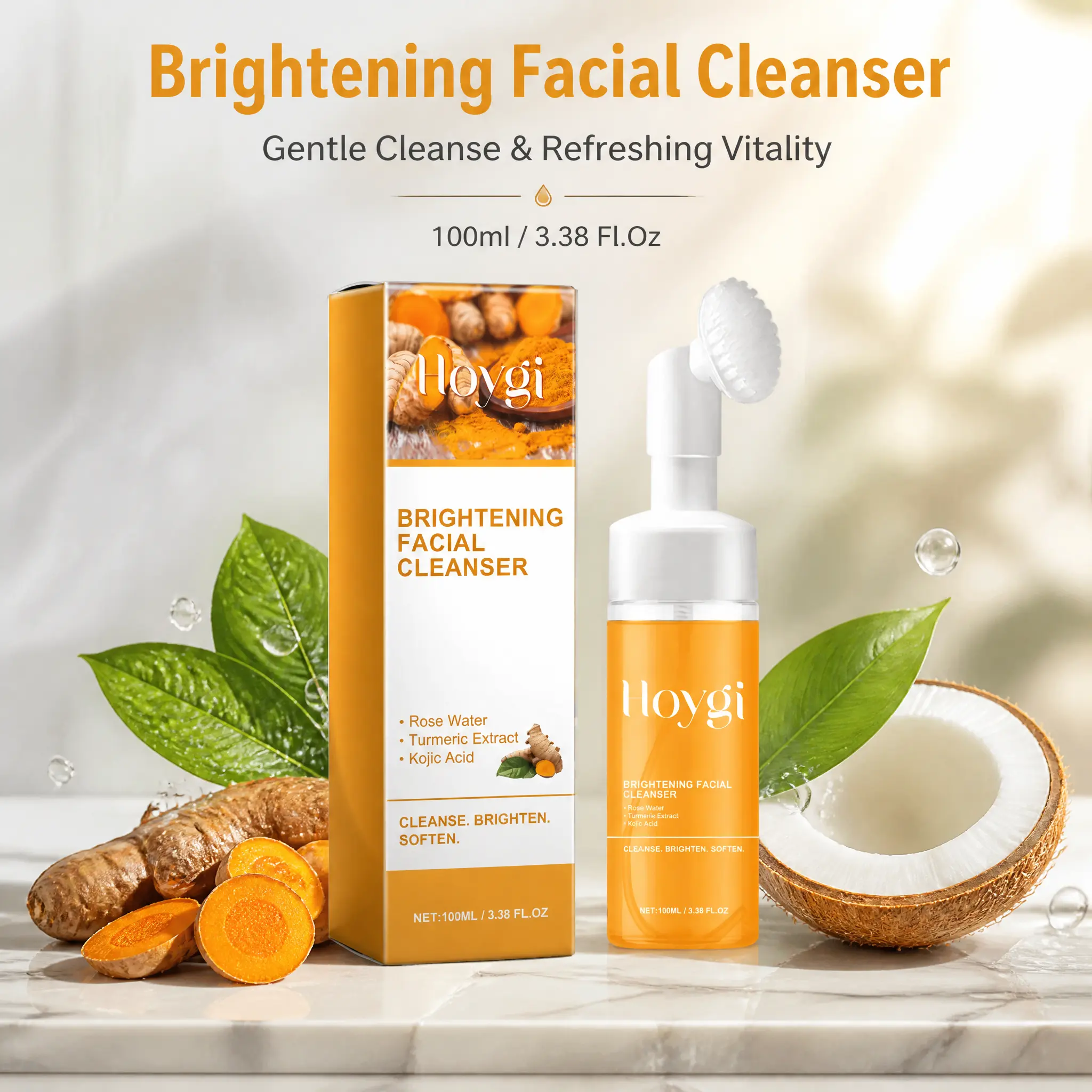 Turmeric Foaming Facial Cleanser with Silicone Brush – Brightening Cleansing Mousse Deep Pore Exfoliating Glow Wash for Dark Spots All Skin Types