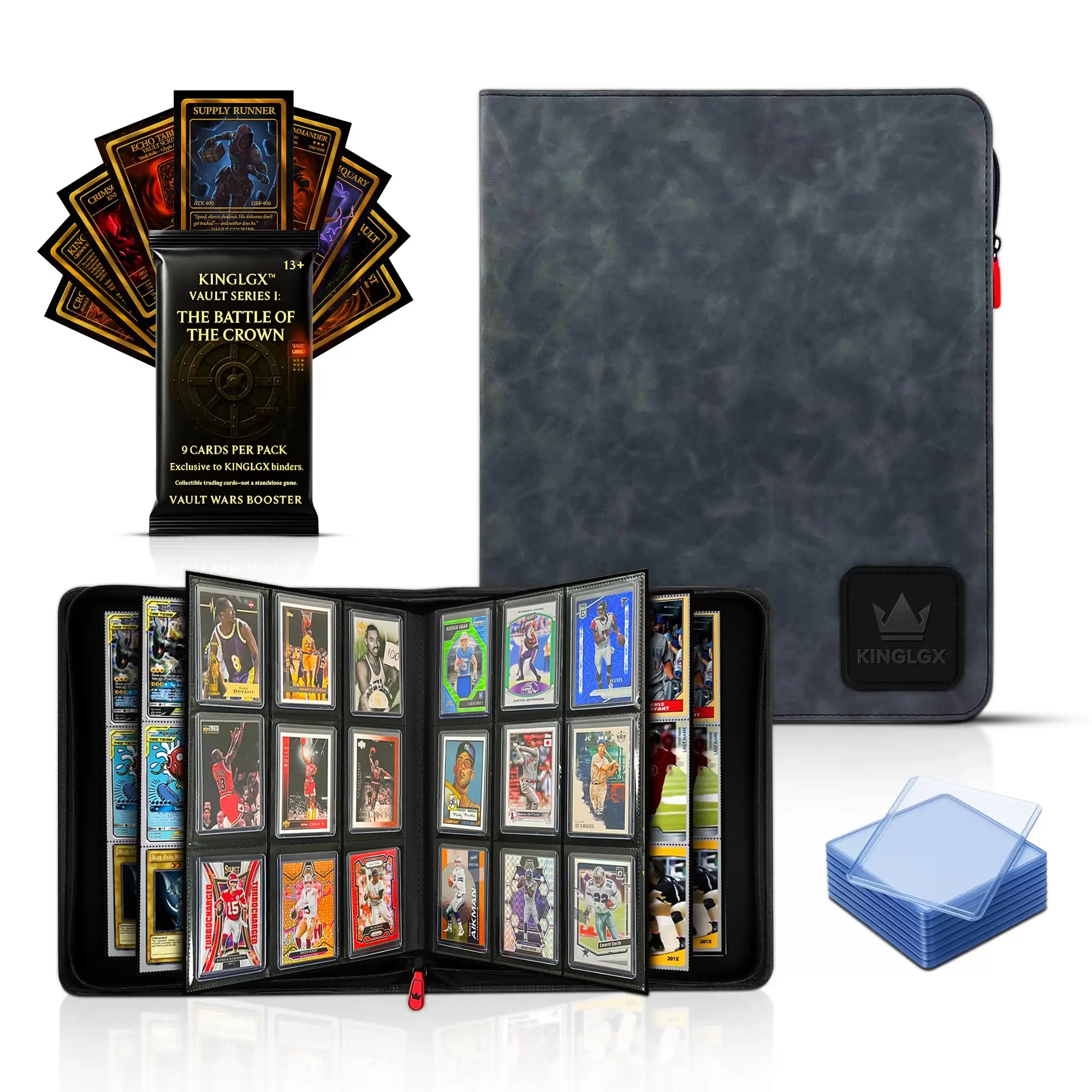 KINGLGX Smoke Gray Top Loader Binder – Holds 252 Toploaders, Rigid 9-Pocket Pages, Premium Zippered Collector Binder for Pokémon, Sports Cards & TCG, Includes 9-Card Booster Pack