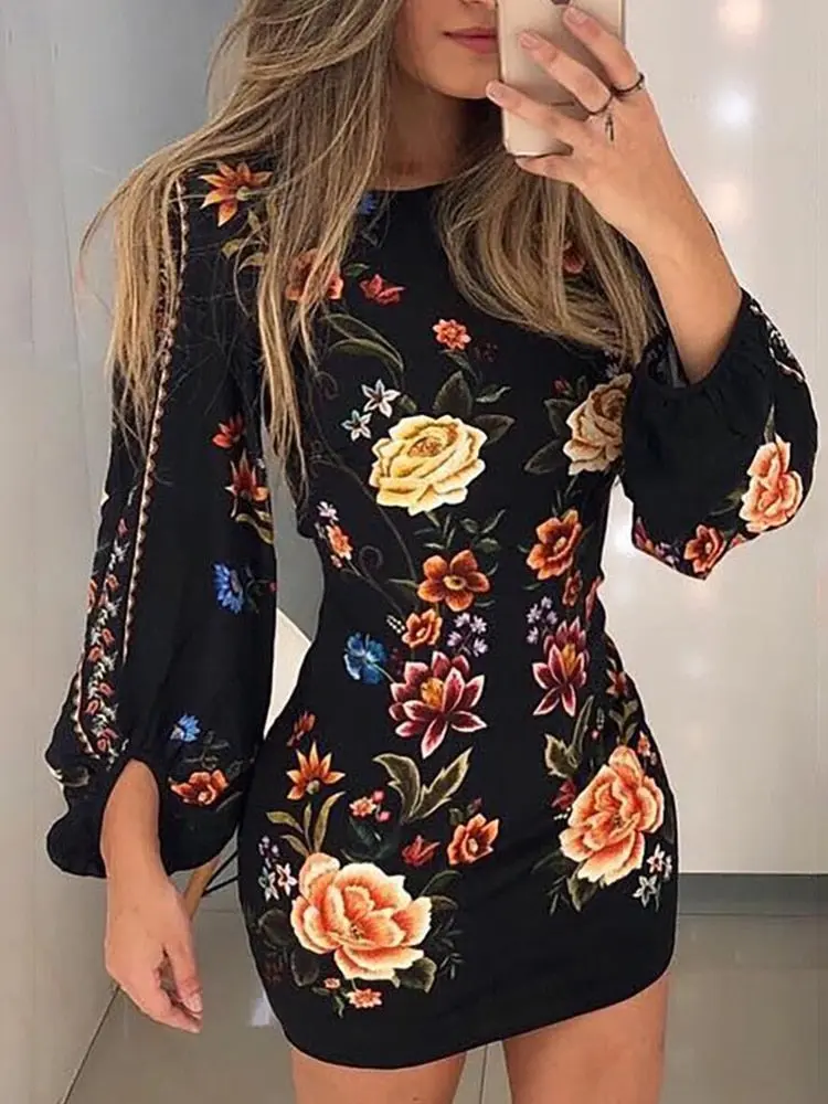 Women Cutout Back Bishop Sleeve Floral Bodycon Dress Ladies Printed Summer Holiday Skinny Mini Dress Robe De Femme Streetwear