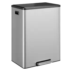 Garvee 15.85 Gallon Dual Compartment Stainless Steel Kitchen Trash Can with Durable Construction, Soft Close Lid, Wide Pedal, and 2 Removable Bins for Efficient Recycling