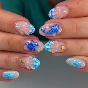 24pcs Long Almond Blue Ocean French Cute Turtle Nails, Gold Shell Starfish Pearl Decor Press-On Nail Set, Easy Wear for Party Dance Daily Use