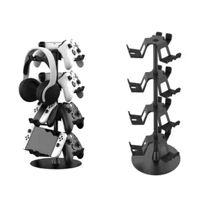 4-Tier Universal Gaming Controller Stand with Rotating Headset Holder Multi-Console Organizer for PS5 Xbox PlayStation 4 Switch Gamepads Adjustable Bracket USB Powered Remote Headphone Accessories