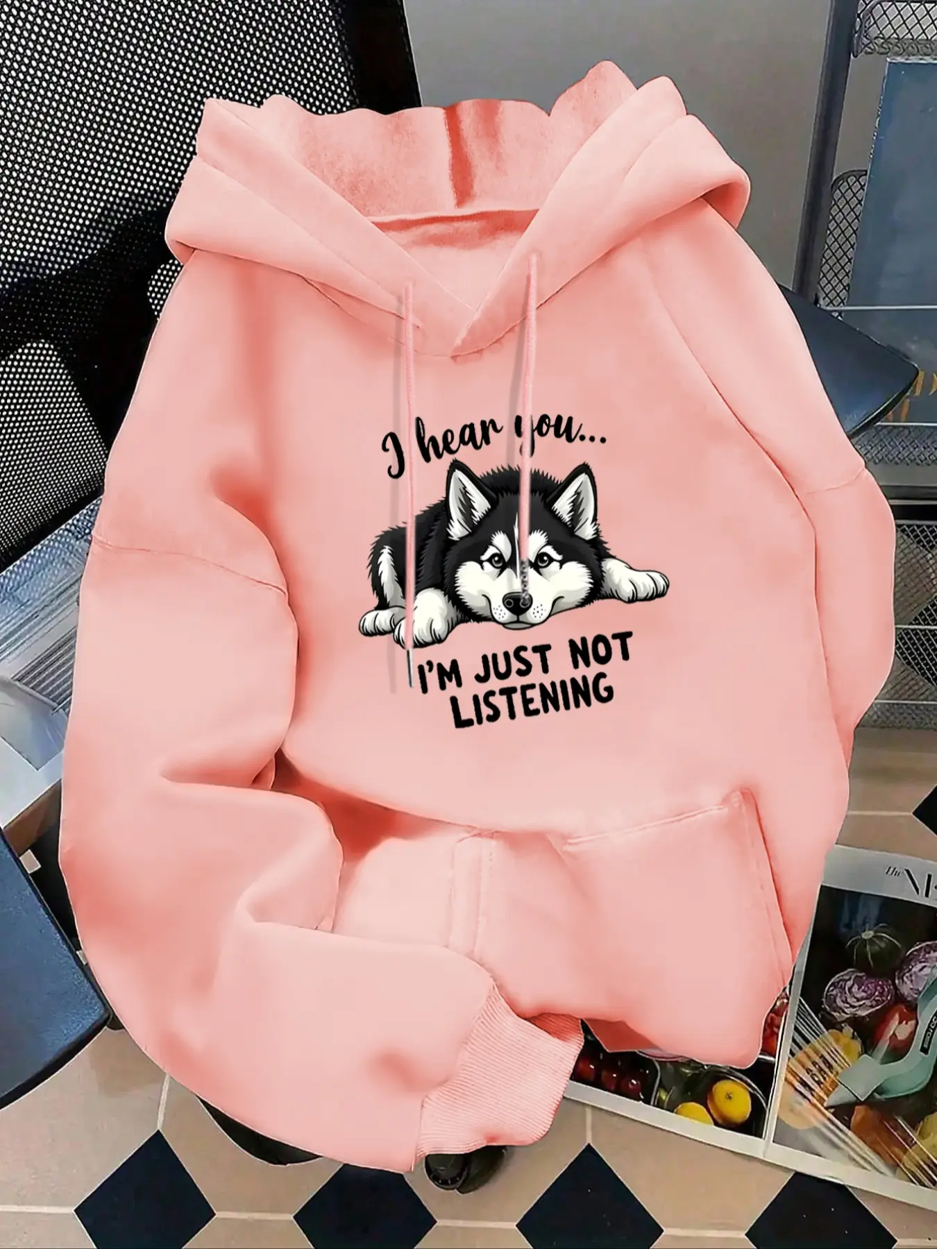 Women's Fashion Hoodie Letter & Husky Dog Print Kangaroo Pocket Sweatshirt, Casual Long Sleeve Fall Winter Christmas