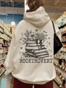 Book Lover Casual Cozy Hoodie - "Booktrovert" Literary Floral Book Stack Graphic Top
