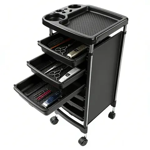 Black 5-Drawer Rolling Salon Storage Cart with Wheels - Sturdy Classic Commercial Salon Furniture, Waterproof, Sorting Design, Sliding Top Drawer Expands Your Space, Tight-Space Fit, Dryer Holder, Tint Bowl Slot for Hair Stylists & Barber Equipment