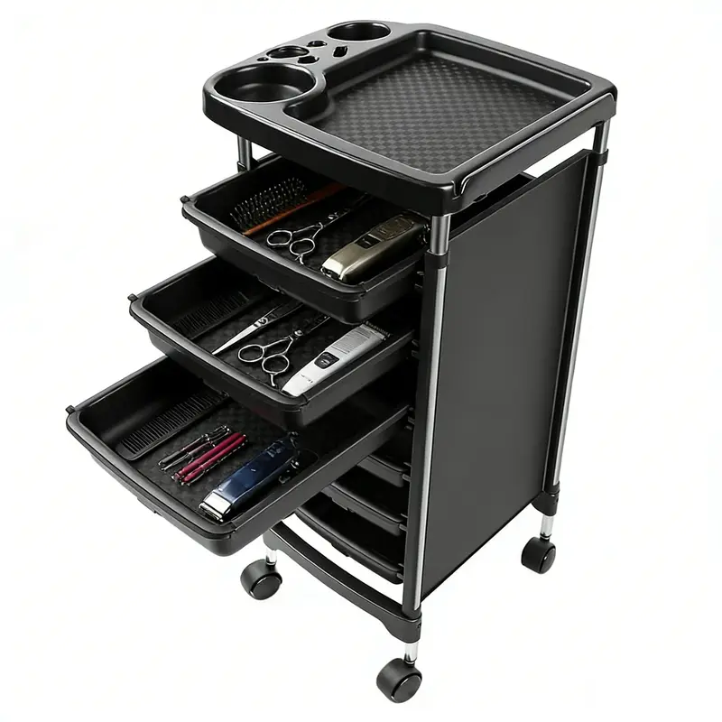 Black 5-Drawer Rolling Salon Storage Cart with Wheels - Sturdy Classic Commercial Salon Furniture, Waterproof, Sorting Design, Sliding Top Drawer Expands Your Space, Tight-Space Fit, Dryer Holder, Tint Bowl Slot for Hair Stylists & Barber Equipment