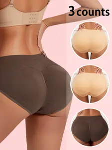 3 Counts Women's Plain Natural Waist Shapewear Shorts, Breathable Comfortable Detachable Padded Panties, Firm Tummy Control Butt Lifter Shapewear Briefs, High Compression Shapewear, Underwear, Suitable For Daily Wear
