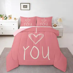 Valentine Comforter Set,Pink White Bedding Sets for I Love You Quilt,Romantic Couple Duvet Insert,Heart Pattern Bedding Soft Warm Down Comforter