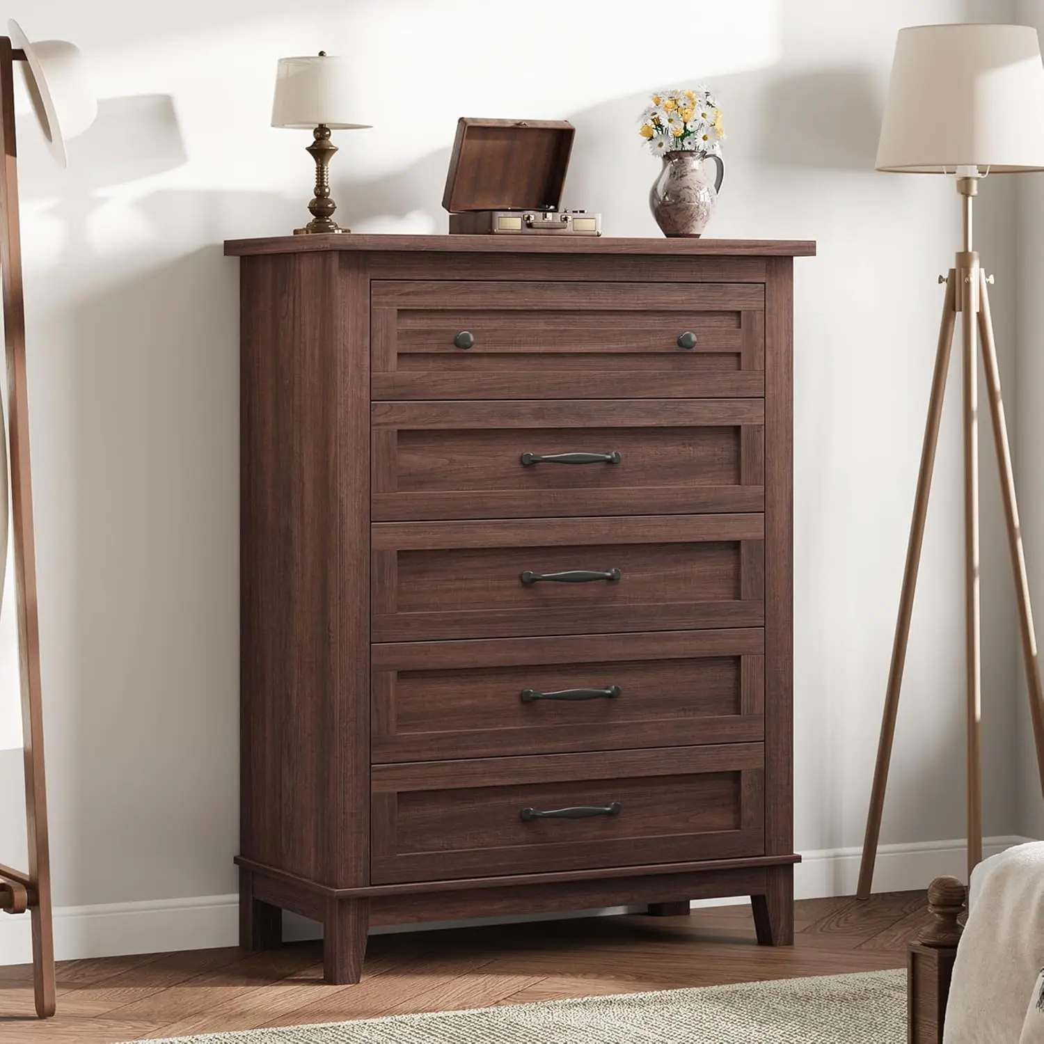 Chic 5-Drawer Modern Bedroom Storage Cabinet - 41.3 in Tall Floor Standing Wooden Closet Chest with Ultra-Deep Drawers, Anti-Tipping Device, Vertical Storage Solution, Floor Standing Cabinet, Cupboard Cabinet
